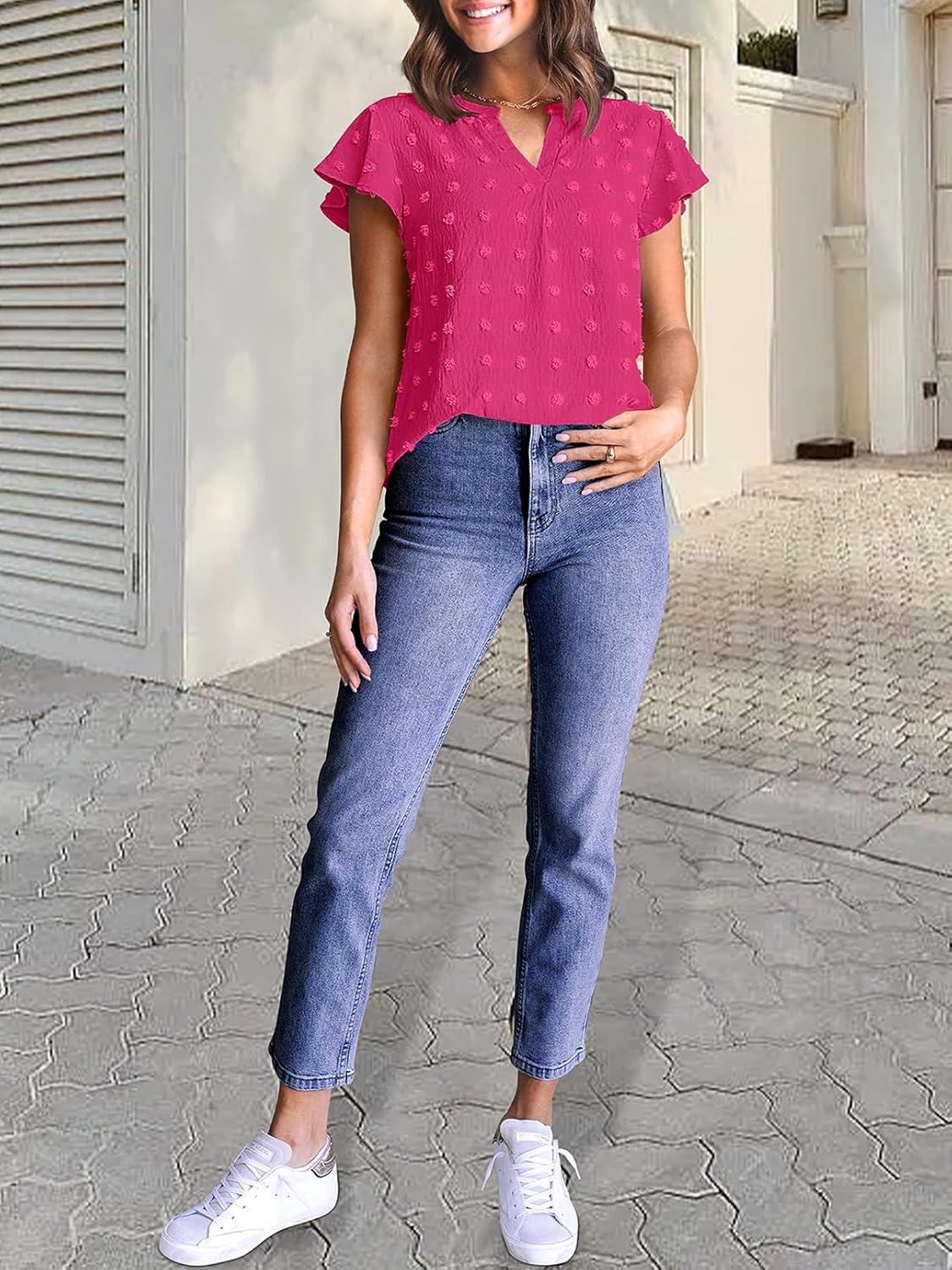 imageMEROKEETY Womens 2026 Spring V Neck Ruffle Short Sleeve Blouse Summer Swiss Dot Dressy Casual Flowy Shirt Tunic TopHot Pink