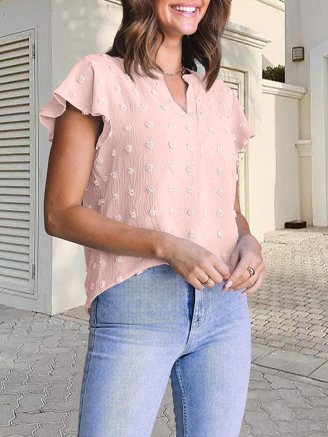 imageMEROKEETY Womens 2026 Spring V Neck Ruffle Short Sleeve Blouse Summer Swiss Dot Dressy Casual Flowy Shirt Tunic TopLight Pink