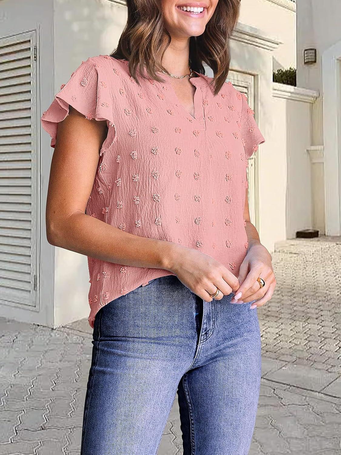 imageMEROKEETY Womens 2026 Spring V Neck Ruffle Short Sleeve Blouse Summer Swiss Dot Dressy Casual Flowy Shirt Tunic TopPink