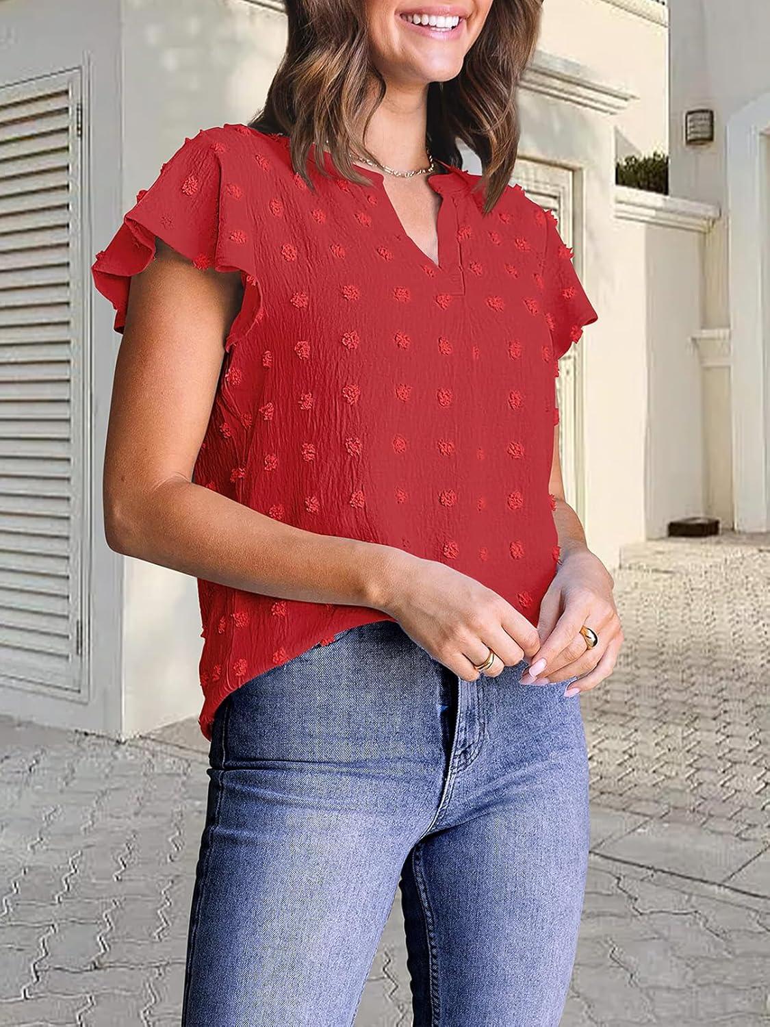 imageMEROKEETY Womens 2026 Spring V Neck Ruffle Short Sleeve Blouse Summer Swiss Dot Dressy Casual Flowy Shirt Tunic TopRed