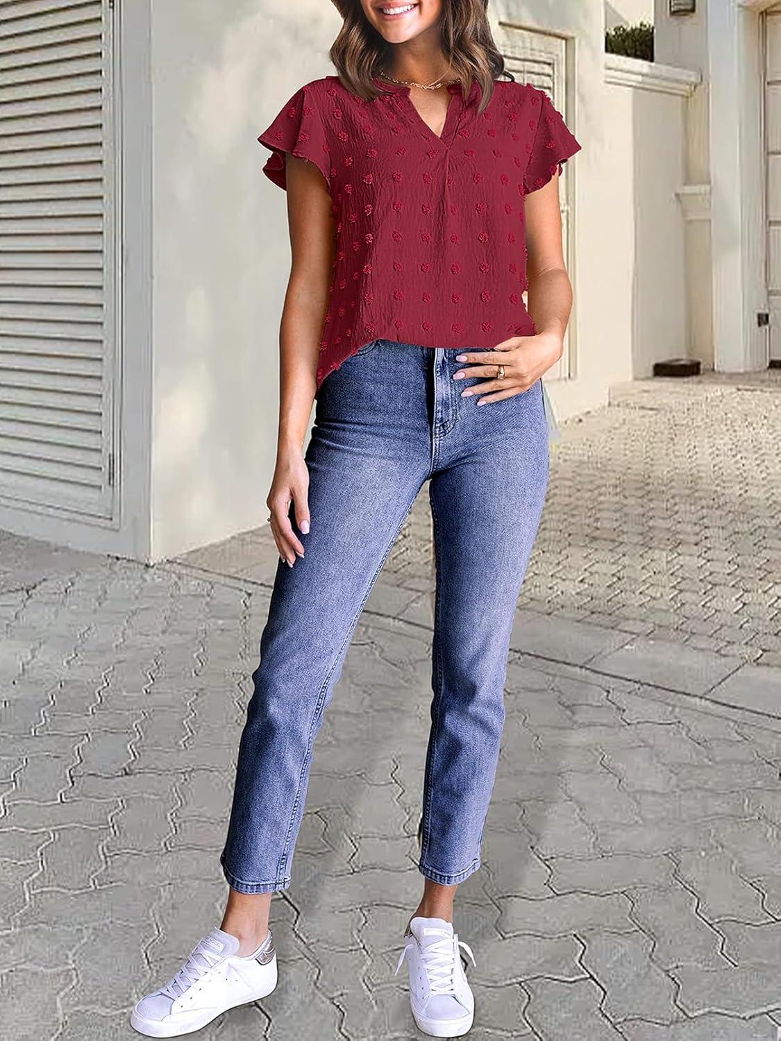 imageMEROKEETY Womens 2026 Spring V Neck Ruffle Short Sleeve Blouse Summer Swiss Dot Dressy Casual Flowy Shirt Tunic TopWine Red
