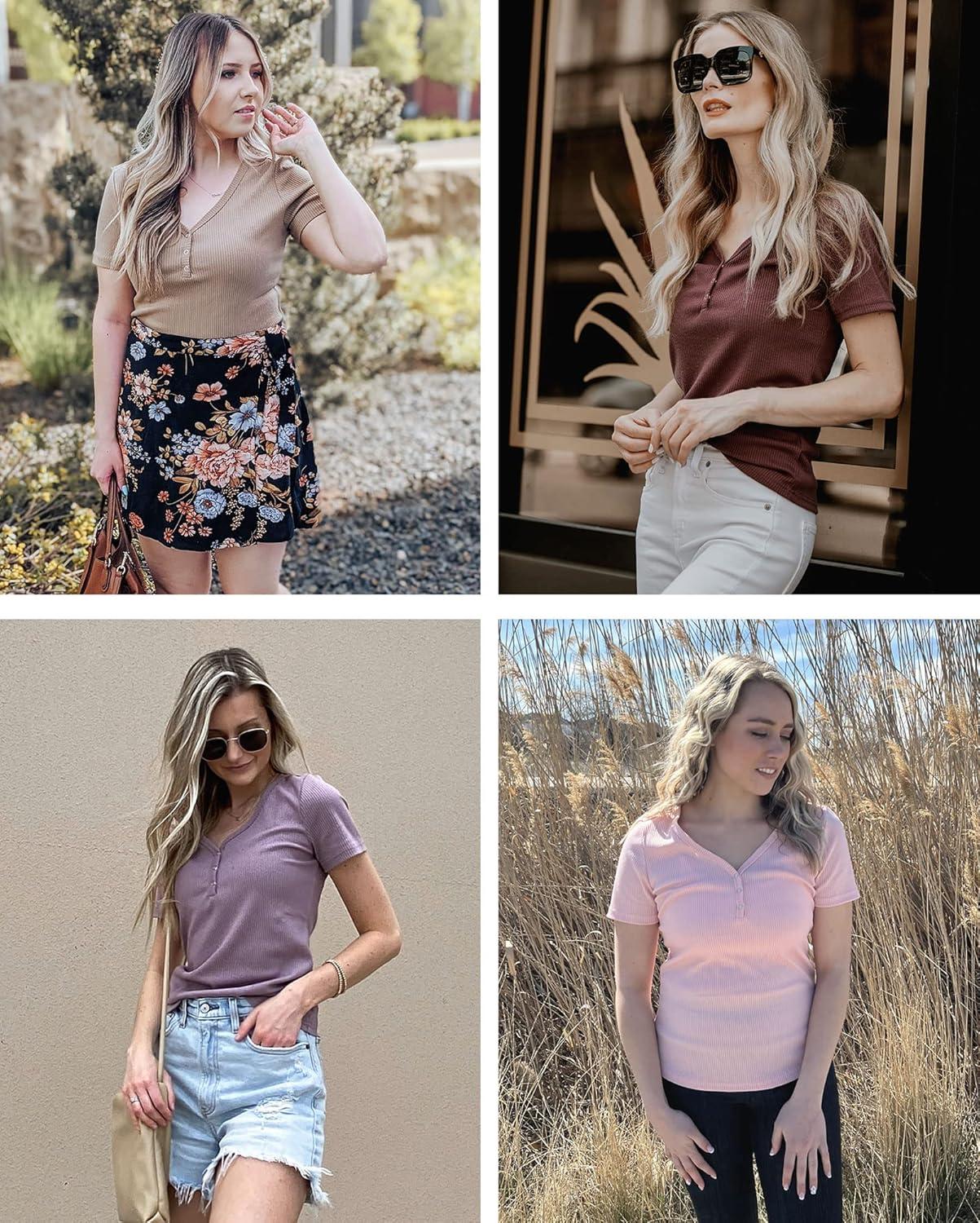 imageMEROKEETY Womens 2026 Summer Short Sleeve Tops Casual V Neck T Shirts Ribbed Knit Henley Button Basic BlouseDarkgrey