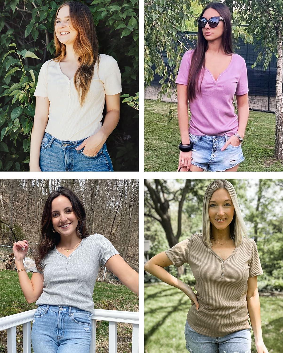 imageMEROKEETY Womens 2026 Summer Short Sleeve Tops Casual V Neck T Shirts Ribbed Knit Henley Button Basic BlouseLavender