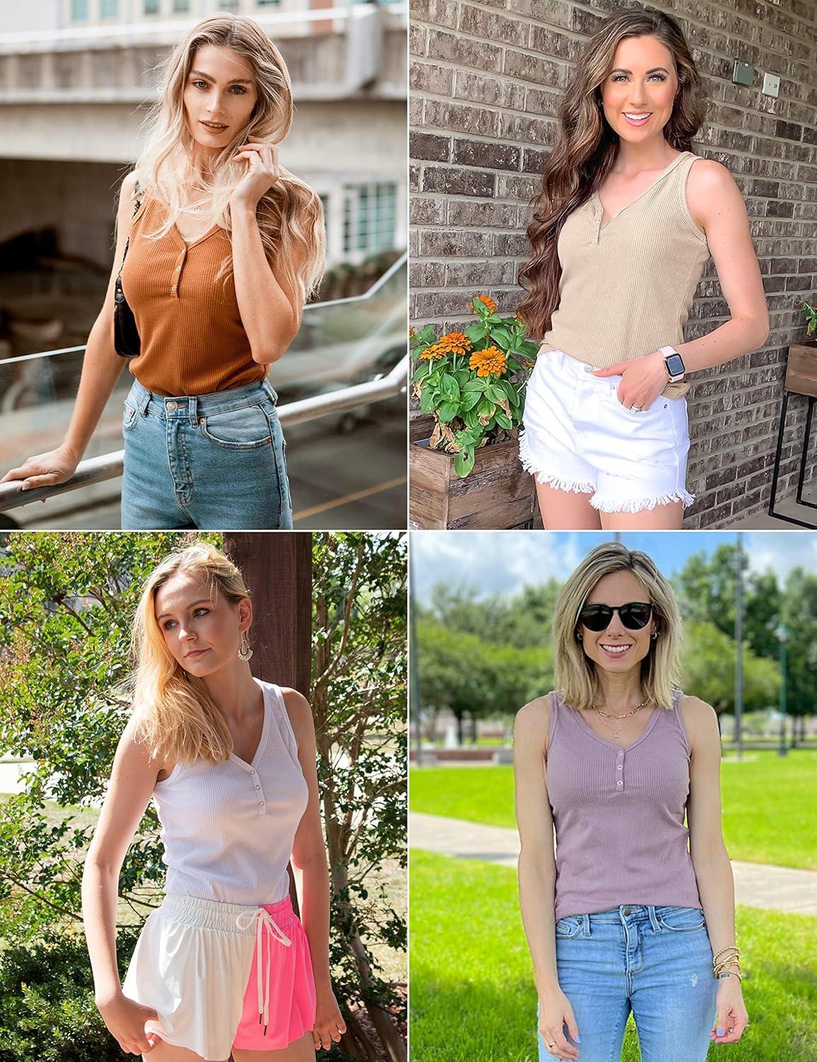 imageMEROKEETY Womens 2026 Summer Sleeveless Tank Tops V Neck Ribbed Dressy Casual Henley Shirts Button Loose Cami TeesAlmond