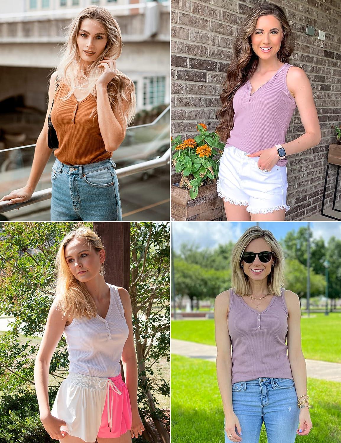 imageMEROKEETY Womens 2026 Summer Sleeveless Tank Tops V Neck Ribbed Dressy Casual Henley Shirts Button Loose Cami TeesNavy