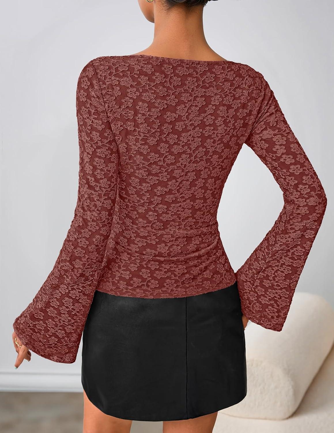 imageMEROKEETY Womens Bell Long Sleeve Shirts 2025 Fall Floral Going Out Tops Slim Fit Y2k Clothes OutiftsMaroon