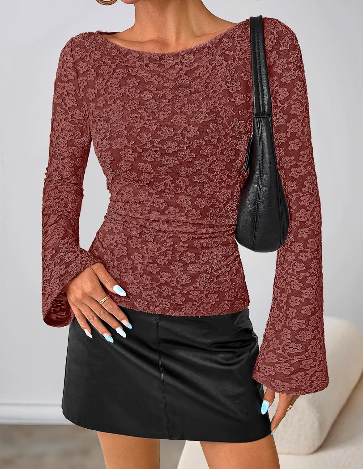 imageMEROKEETY Womens Bell Long Sleeve Shirts 2025 Fall Floral Going Out Tops Slim Fit Y2k Clothes OutiftsMaroon