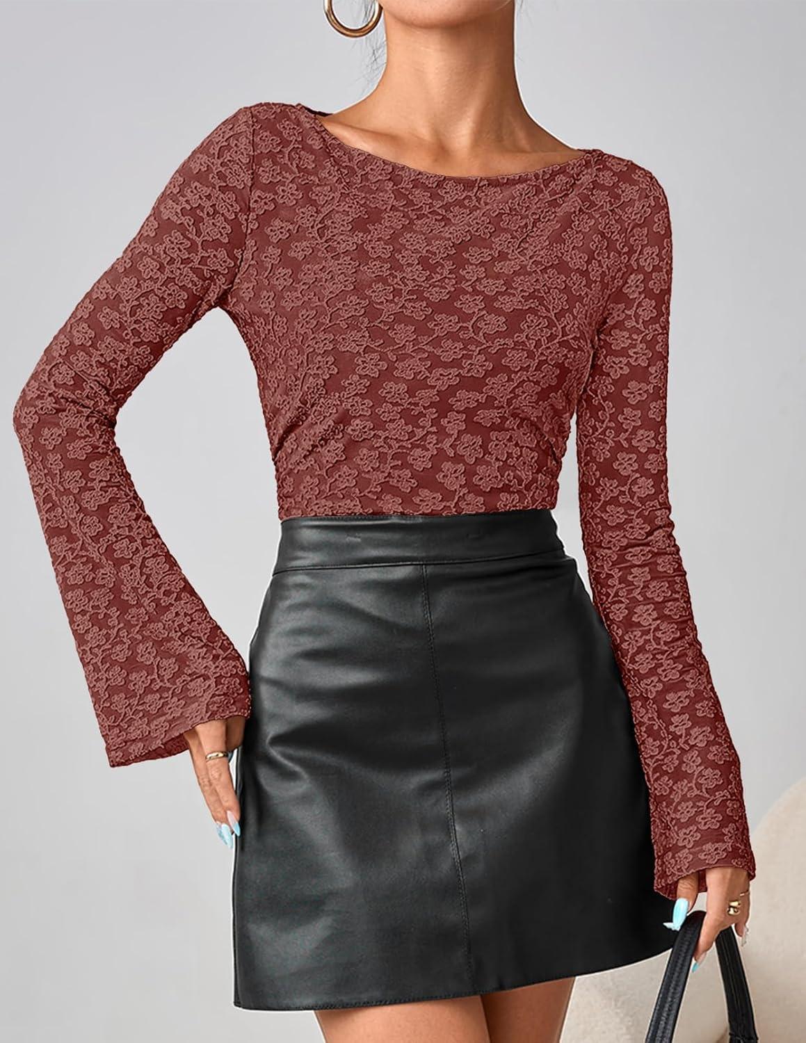 imageMEROKEETY Womens Bell Long Sleeve Shirts 2025 Fall Floral Going Out Tops Slim Fit Y2k Clothes OutiftsMaroon