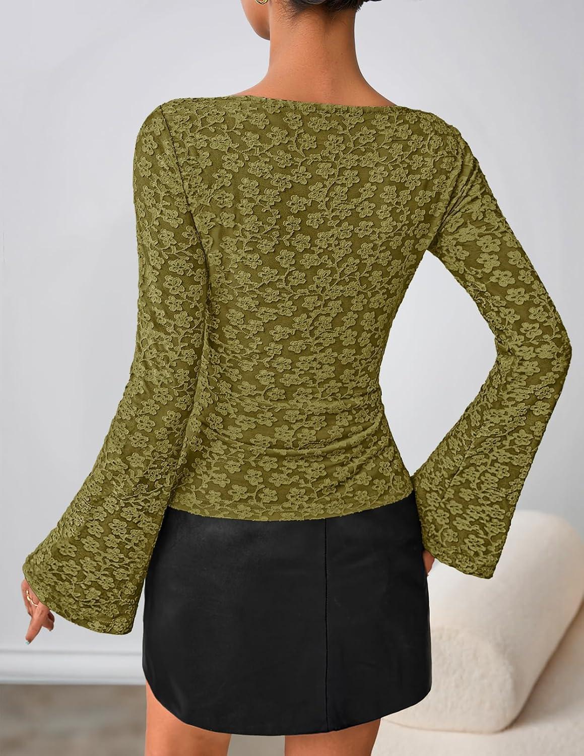 imageMEROKEETY Womens Bell Long Sleeve Shirts 2025 Fall Floral Going Out Tops Slim Fit Y2k Clothes OutiftsOlive