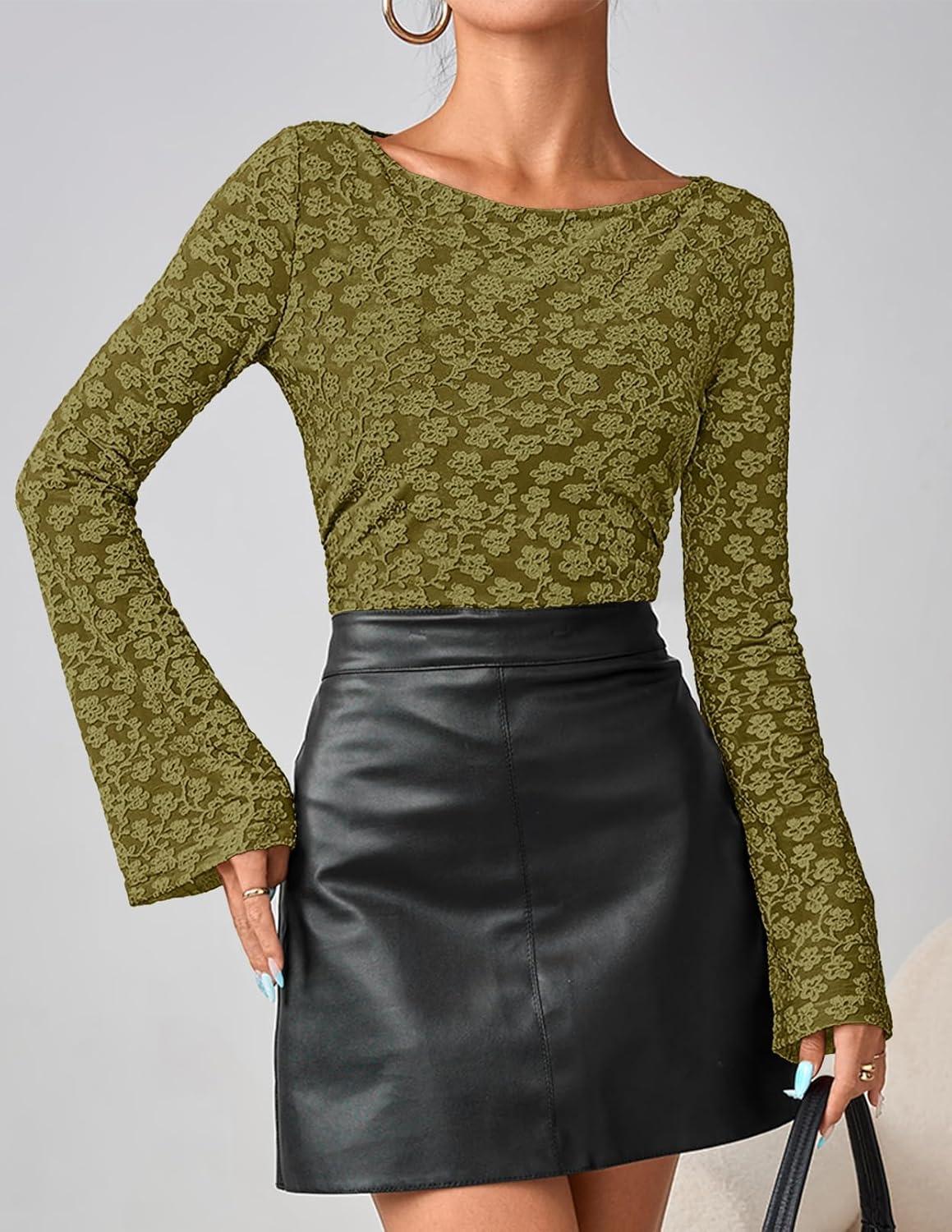 imageMEROKEETY Womens Bell Long Sleeve Shirts 2025 Fall Floral Going Out Tops Slim Fit Y2k Clothes OutiftsOlive