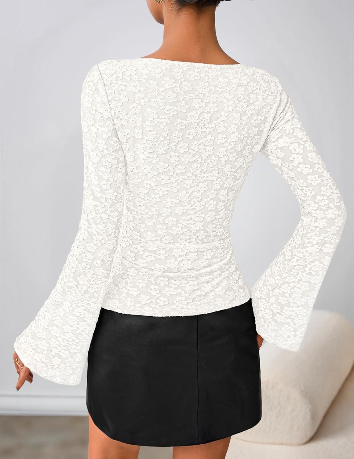 imageMEROKEETY Womens Bell Long Sleeve Shirts 2025 Fall Floral Going Out Tops Slim Fit Y2k Clothes OutiftsWhite
