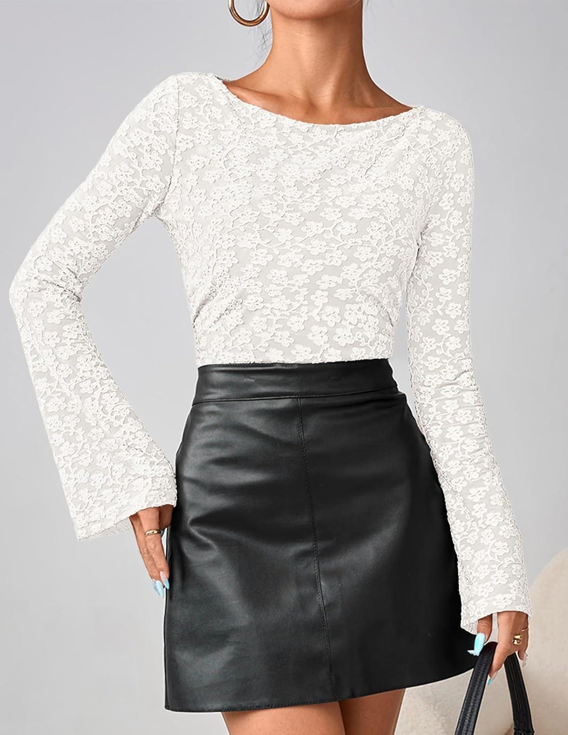 imageMEROKEETY Womens Bell Long Sleeve Shirts 2025 Fall Floral Going Out Tops Slim Fit Y2k Clothes OutiftsWhite