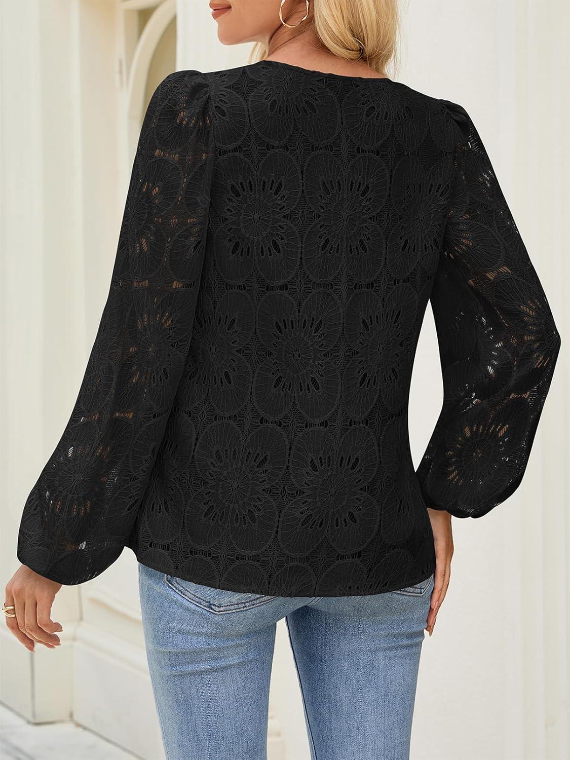 imageMEROKEETY Womens Eyelet Long Sleeve Shirts Tops Dressy Casual Fall Trendy Flower Lace Boho Crochet BlousesBlack