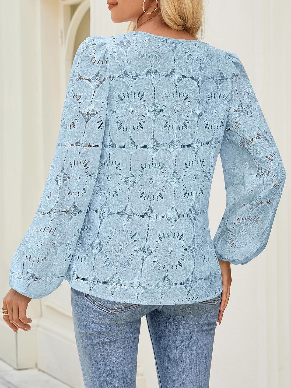 imageMEROKEETY Womens Eyelet Long Sleeve Shirts Tops Dressy Casual Fall Trendy Flower Lace Boho Crochet BlousesBlue