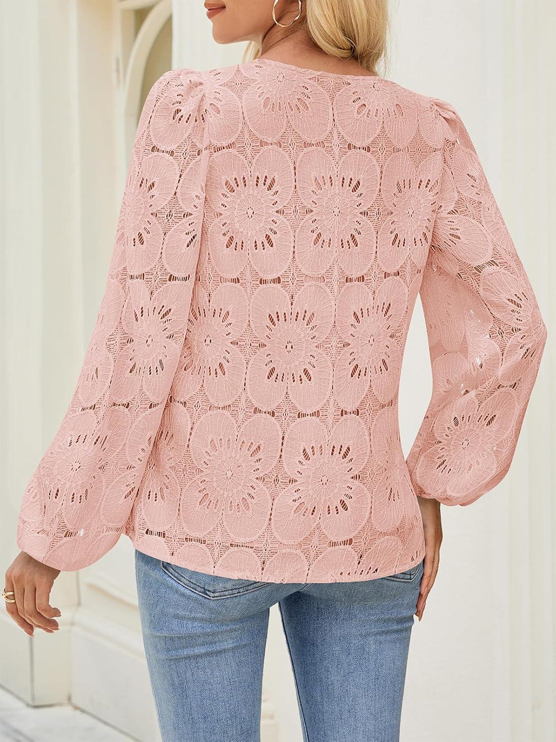 imageMEROKEETY Womens Eyelet Long Sleeve Shirts Tops Dressy Casual Fall Trendy Flower Lace Boho Crochet BlousesPink