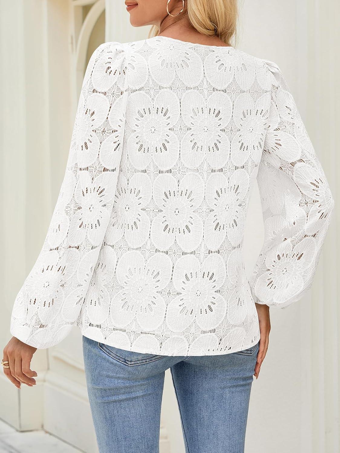 imageMEROKEETY Womens Eyelet Long Sleeve Shirts Tops Dressy Casual Fall Trendy Flower Lace Boho Crochet BlousesWhite