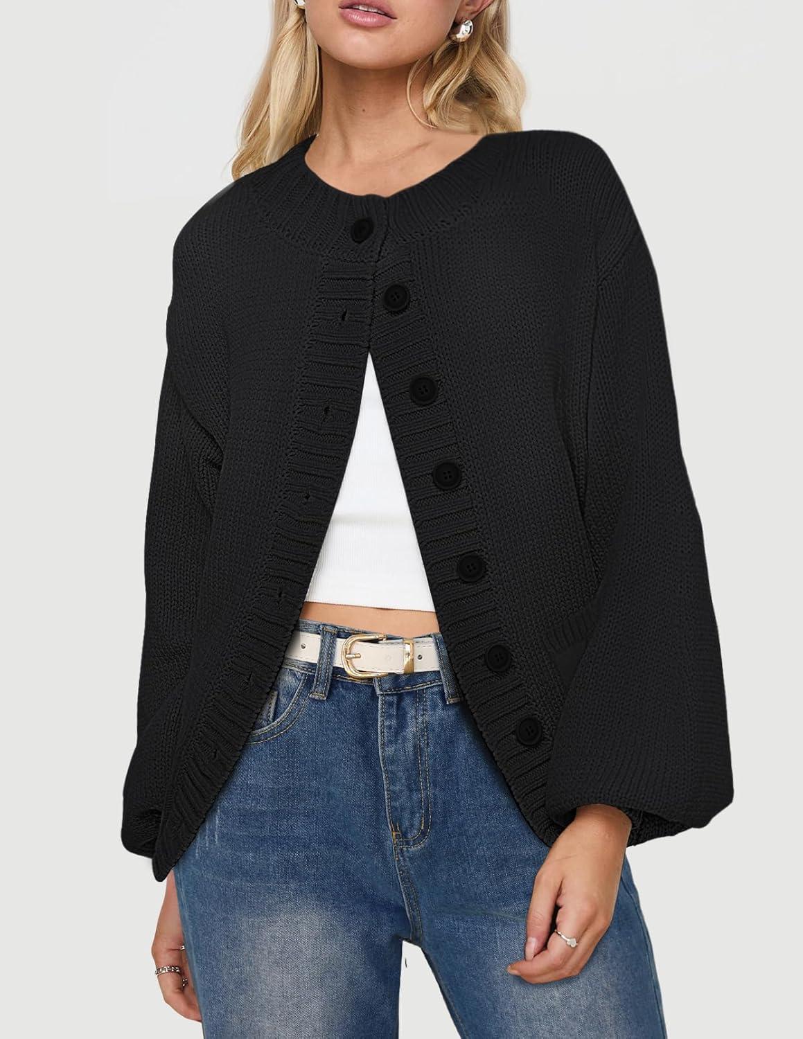 imageMEROKEETY Womens Fall Long Lantern Sleeve Cardigan Sweaters Casual Button Down Crewneck Open Front CoatBlack