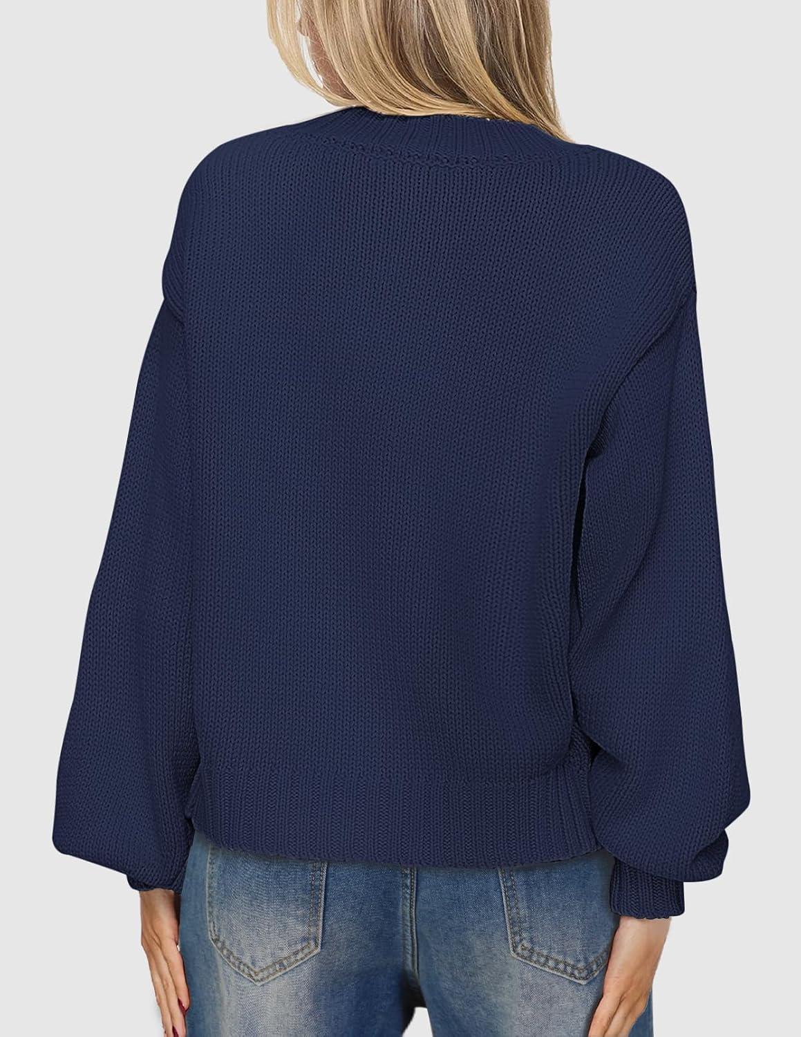imageMEROKEETY Womens Fall Long Lantern Sleeve Cardigan Sweaters Casual Button Down Crewneck Open Front CoatNavy
