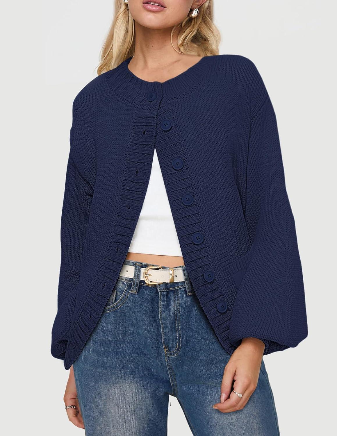 imageMEROKEETY Womens Fall Long Lantern Sleeve Cardigan Sweaters Casual Button Down Crewneck Open Front CoatNavy
