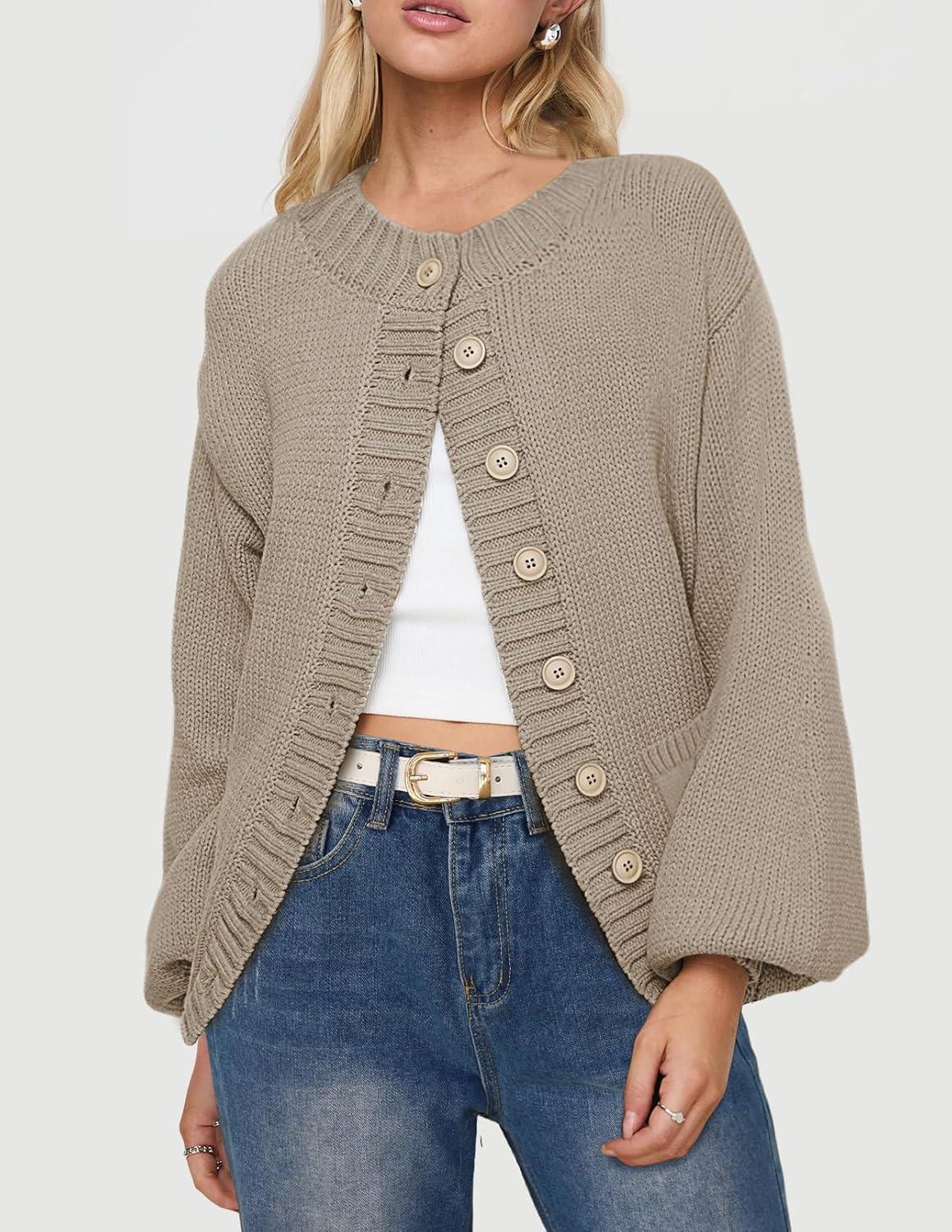 imageMEROKEETY Womens Fall Long Lantern Sleeve Cardigan Sweaters Casual Button Down Crewneck Open Front CoatSand