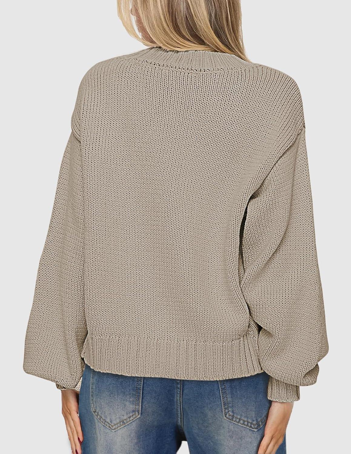 imageMEROKEETY Womens Fall Long Lantern Sleeve Cardigan Sweaters Casual Button Down Crewneck Open Front CoatSand