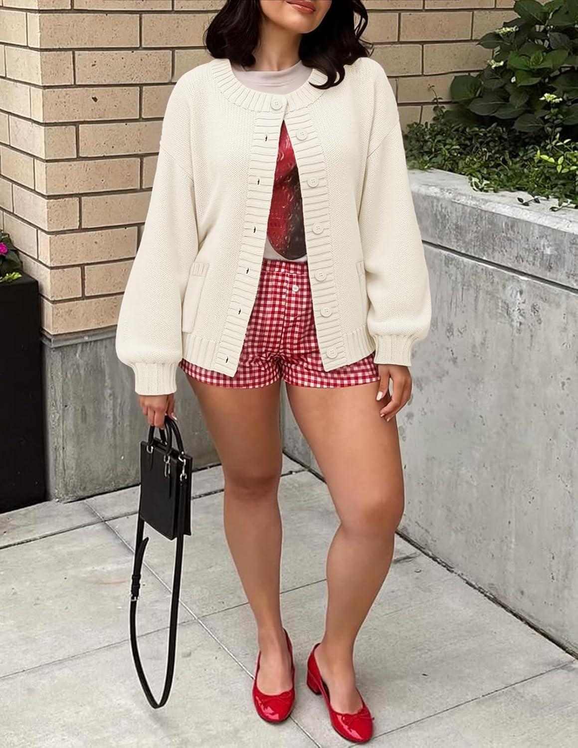 imageMEROKEETY Womens Fall Long Lantern Sleeve Cardigan Sweaters Casual Button Down Crewneck Open Front CoatWhite