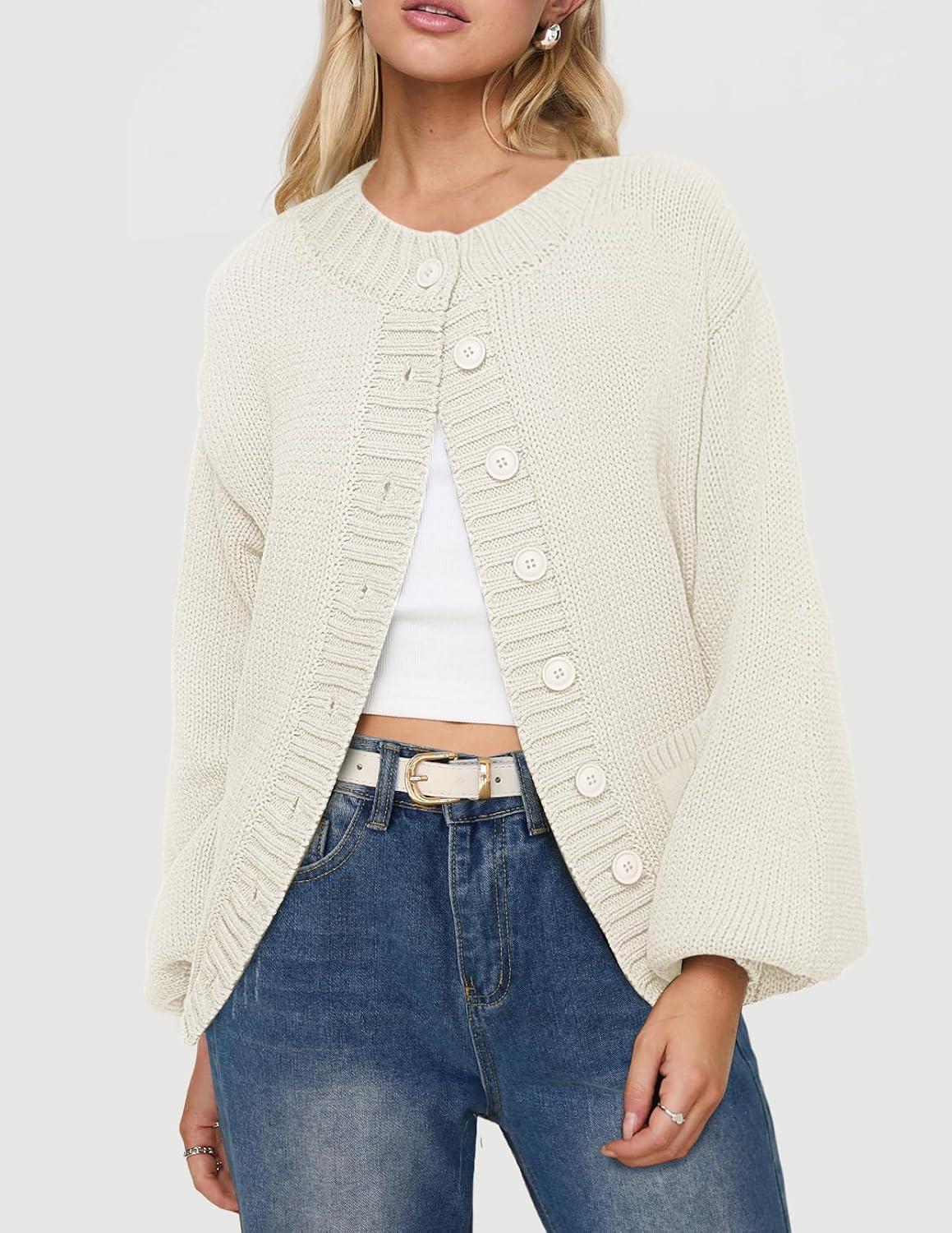 imageMEROKEETY Womens Fall Long Lantern Sleeve Cardigan Sweaters Casual Button Down Crewneck Open Front CoatWhite
