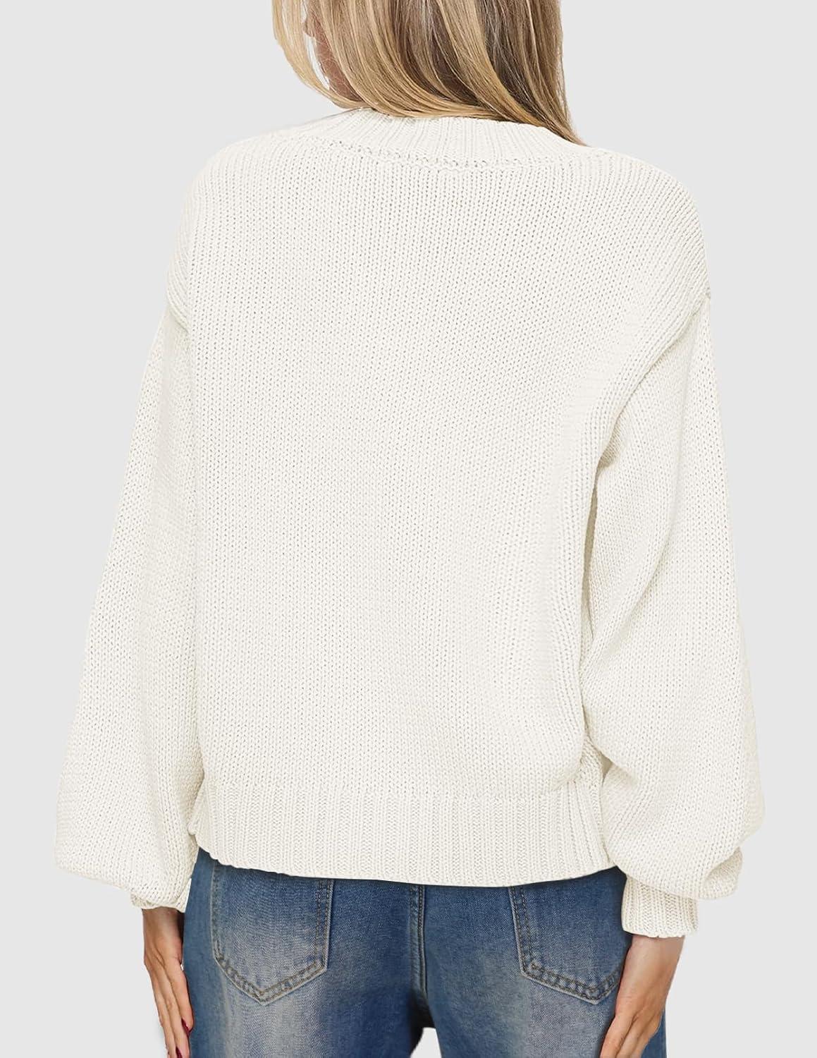 imageMEROKEETY Womens Fall Long Lantern Sleeve Cardigan Sweaters Casual Button Down Crewneck Open Front CoatWhite