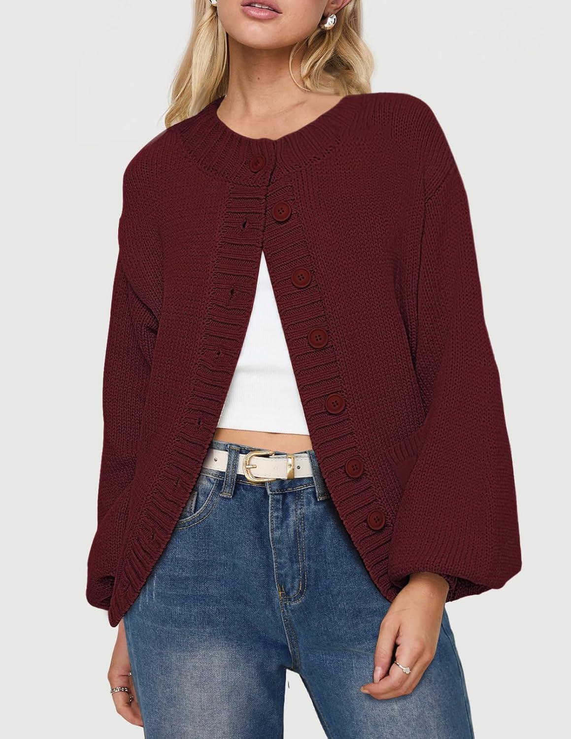 imageMEROKEETY Womens Fall Long Lantern Sleeve Cardigan Sweaters Casual Button Down Crewneck Open Front CoatWine