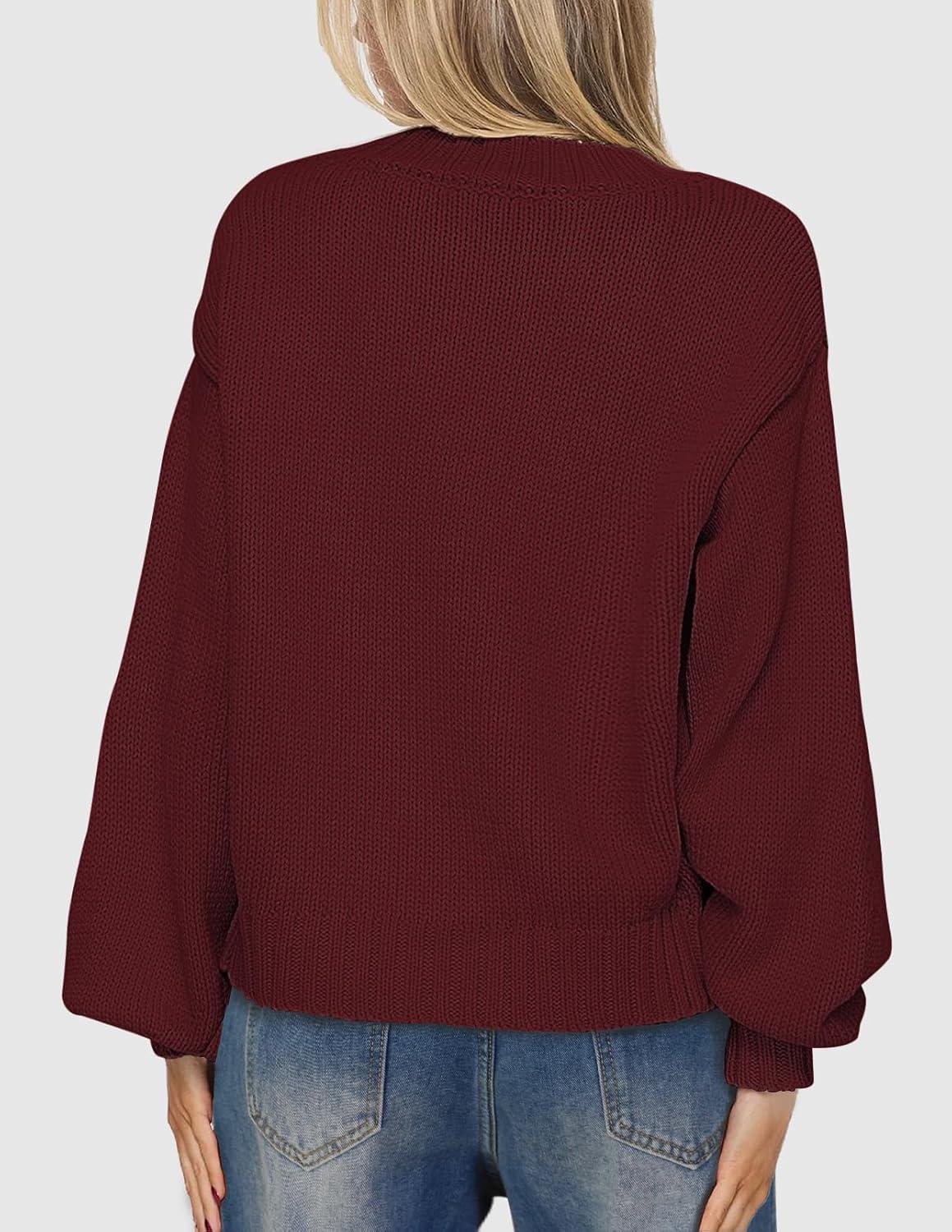 imageMEROKEETY Womens Fall Long Lantern Sleeve Cardigan Sweaters Casual Button Down Crewneck Open Front CoatWine