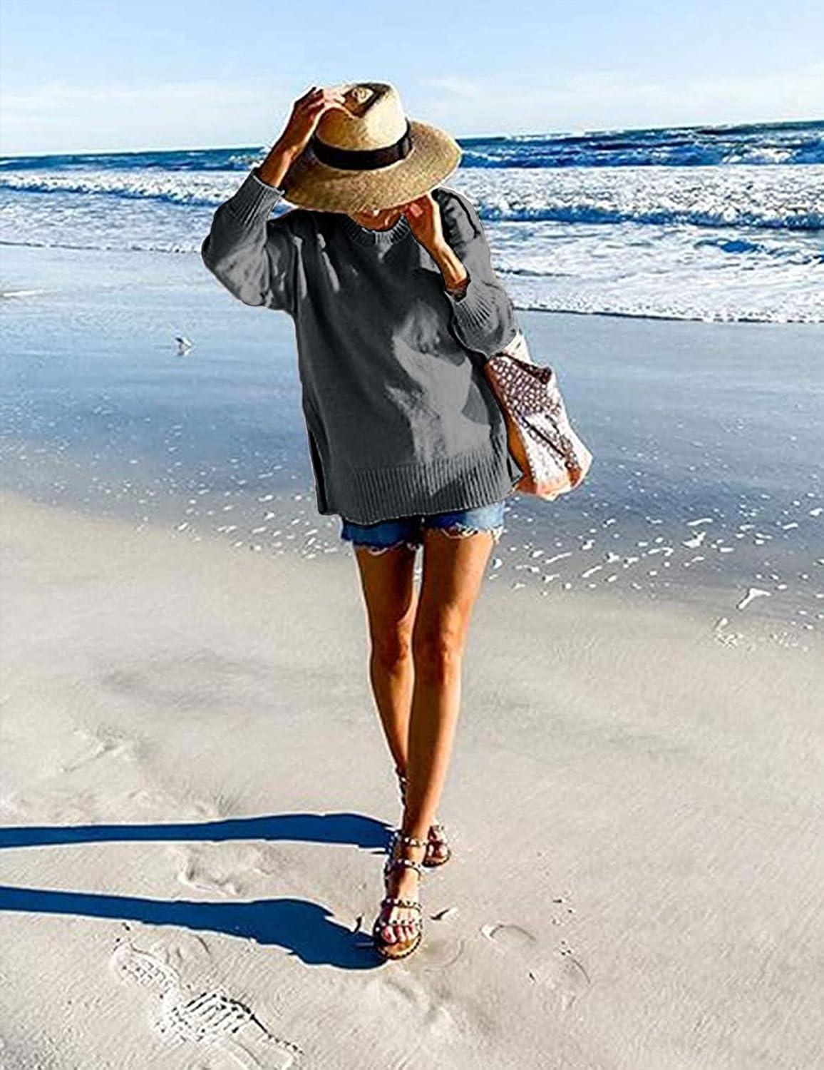 imageMEROKEETY Womens Fall Winter Oversized Pullover Sweater Spring Casual Loose Crew Neck Long Sleeve Side Split Jumper TopsDark Grey