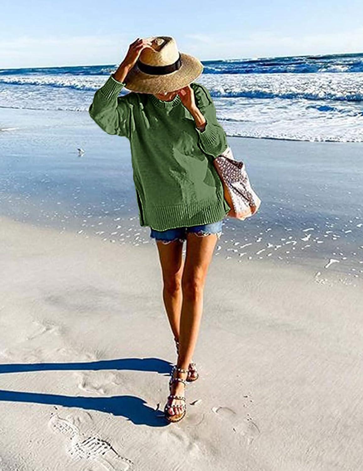imageMEROKEETY Womens Fall Winter Oversized Pullover Sweater Spring Casual Loose Crew Neck Long Sleeve Side Split Jumper TopsDarkgreen