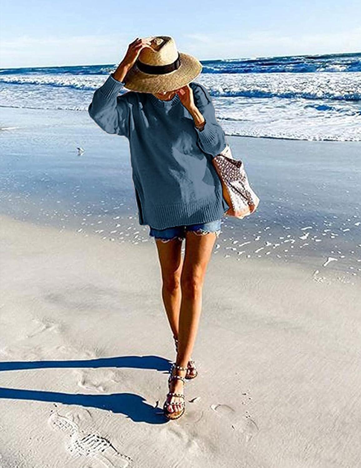 imageMEROKEETY Womens Fall Winter Oversized Pullover Sweater Spring Casual Loose Crew Neck Long Sleeve Side Split Jumper TopsDusty Blue