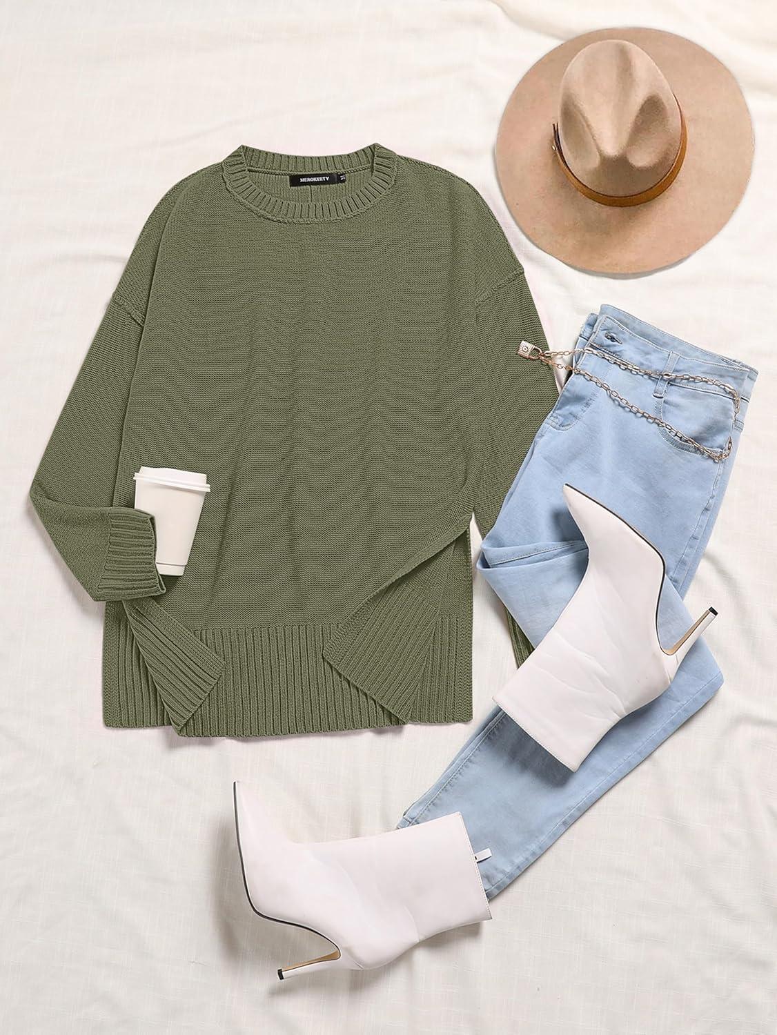imageMEROKEETY Womens Fall Winter Oversized Pullover Sweater Spring Casual Loose Crew Neck Long Sleeve Side Split Jumper TopsGreen