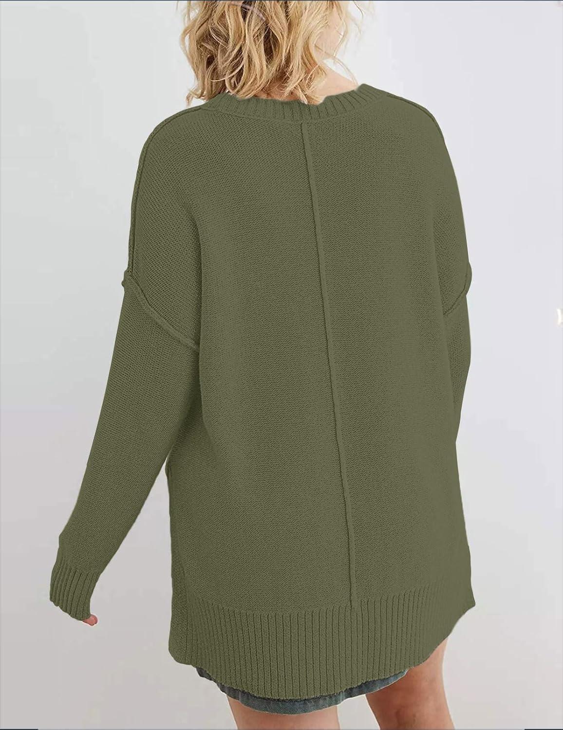 imageMEROKEETY Womens Fall Winter Oversized Pullover Sweater Spring Casual Loose Crew Neck Long Sleeve Side Split Jumper TopsGreen