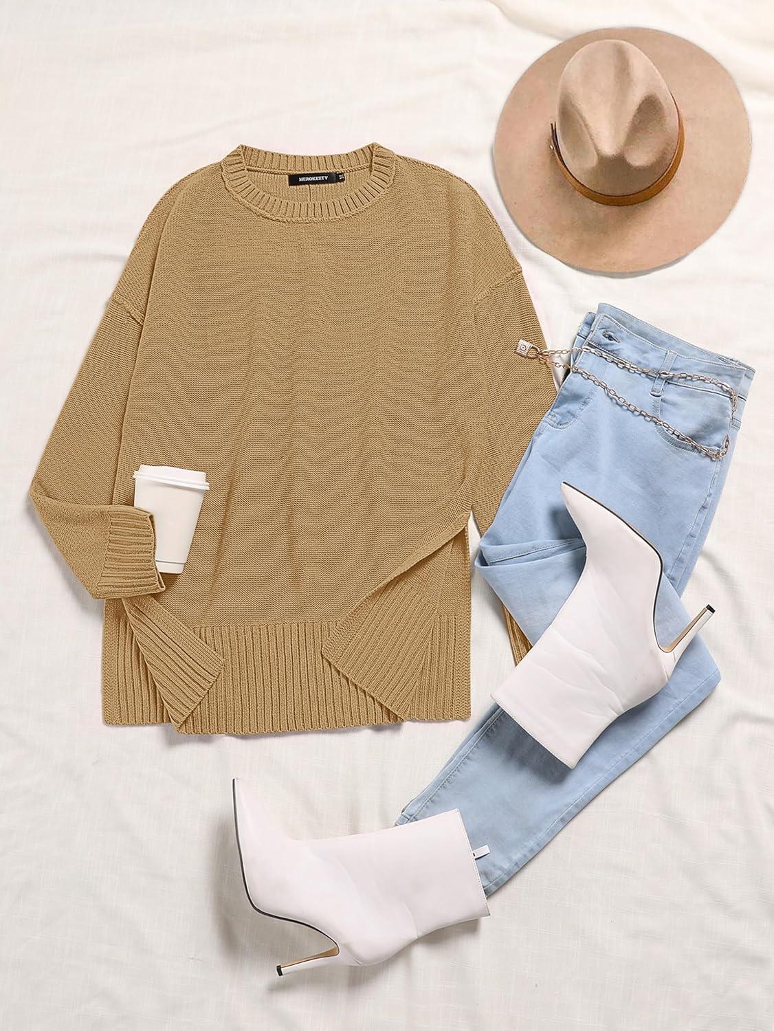 imageMEROKEETY Womens Fall Winter Oversized Pullover Sweater Spring Casual Loose Crew Neck Long Sleeve Side Split Jumper TopsKhaki