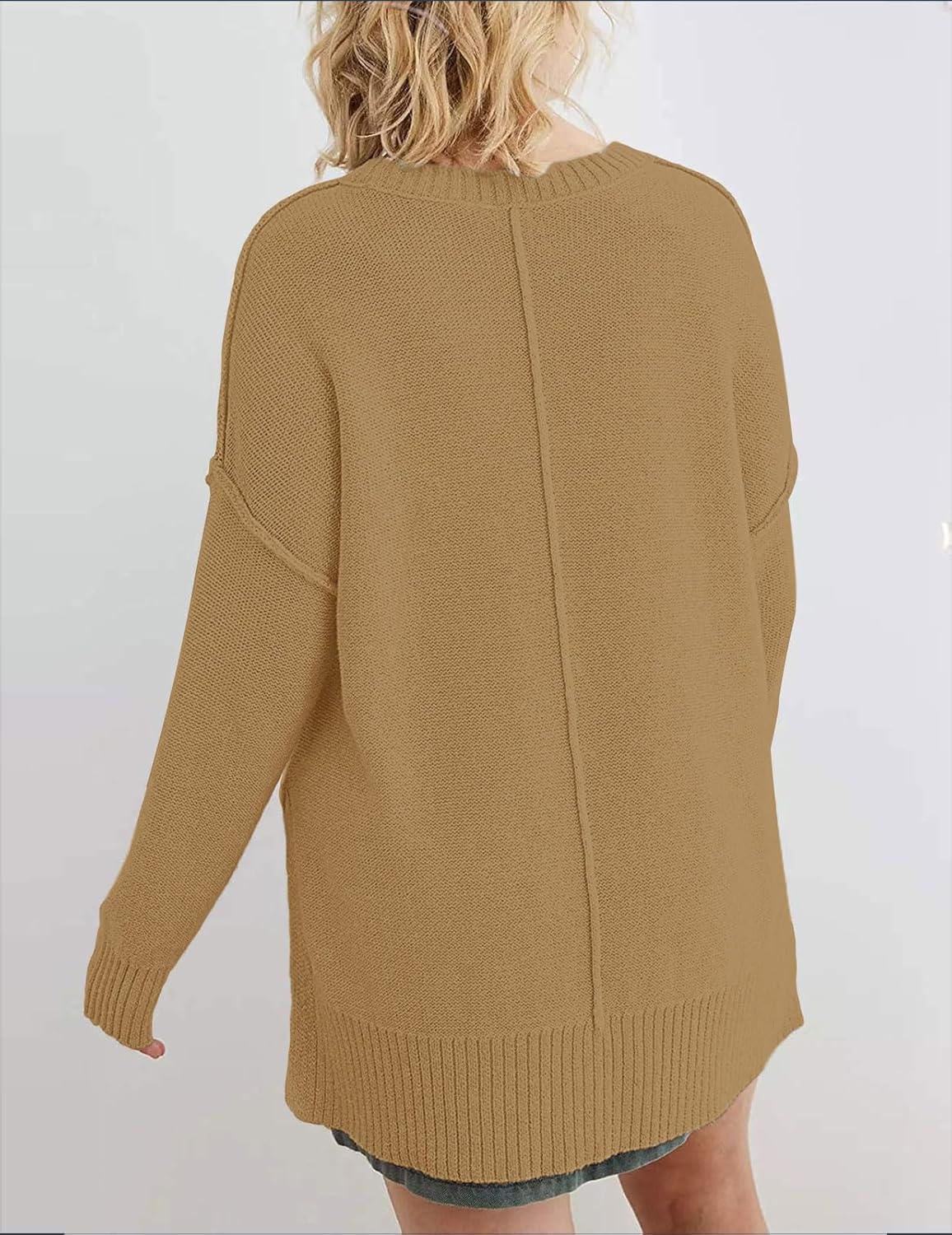 imageMEROKEETY Womens Fall Winter Oversized Pullover Sweater Spring Casual Loose Crew Neck Long Sleeve Side Split Jumper TopsKhaki
