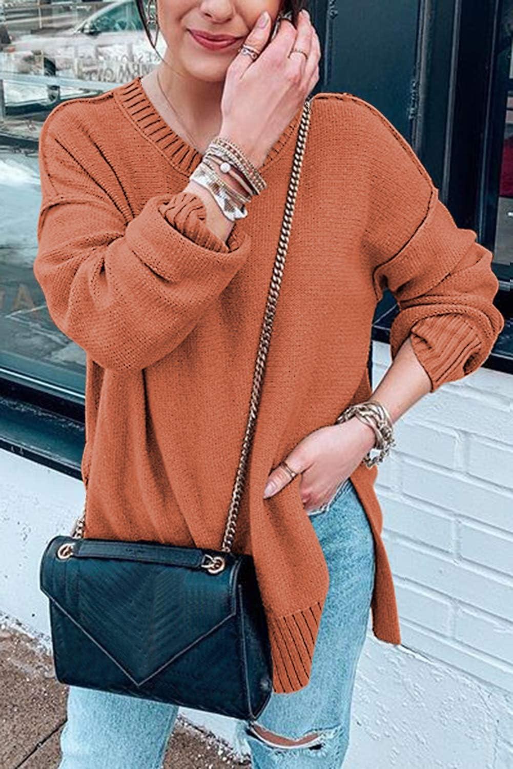 imageMEROKEETY Womens Fall Winter Oversized Pullover Sweater Spring Casual Loose Crew Neck Long Sleeve Side Split Jumper TopsOrange