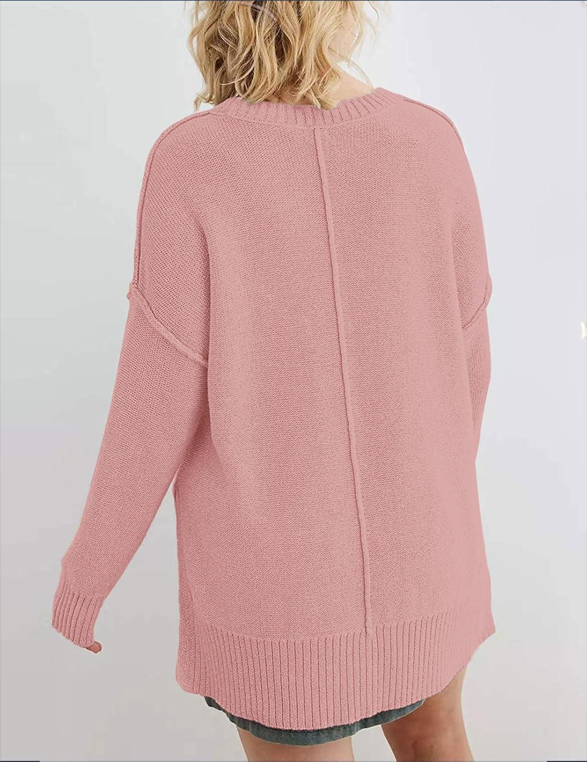 imageMEROKEETY Womens Fall Winter Oversized Pullover Sweater Spring Casual Loose Crew Neck Long Sleeve Side Split Jumper TopsPink