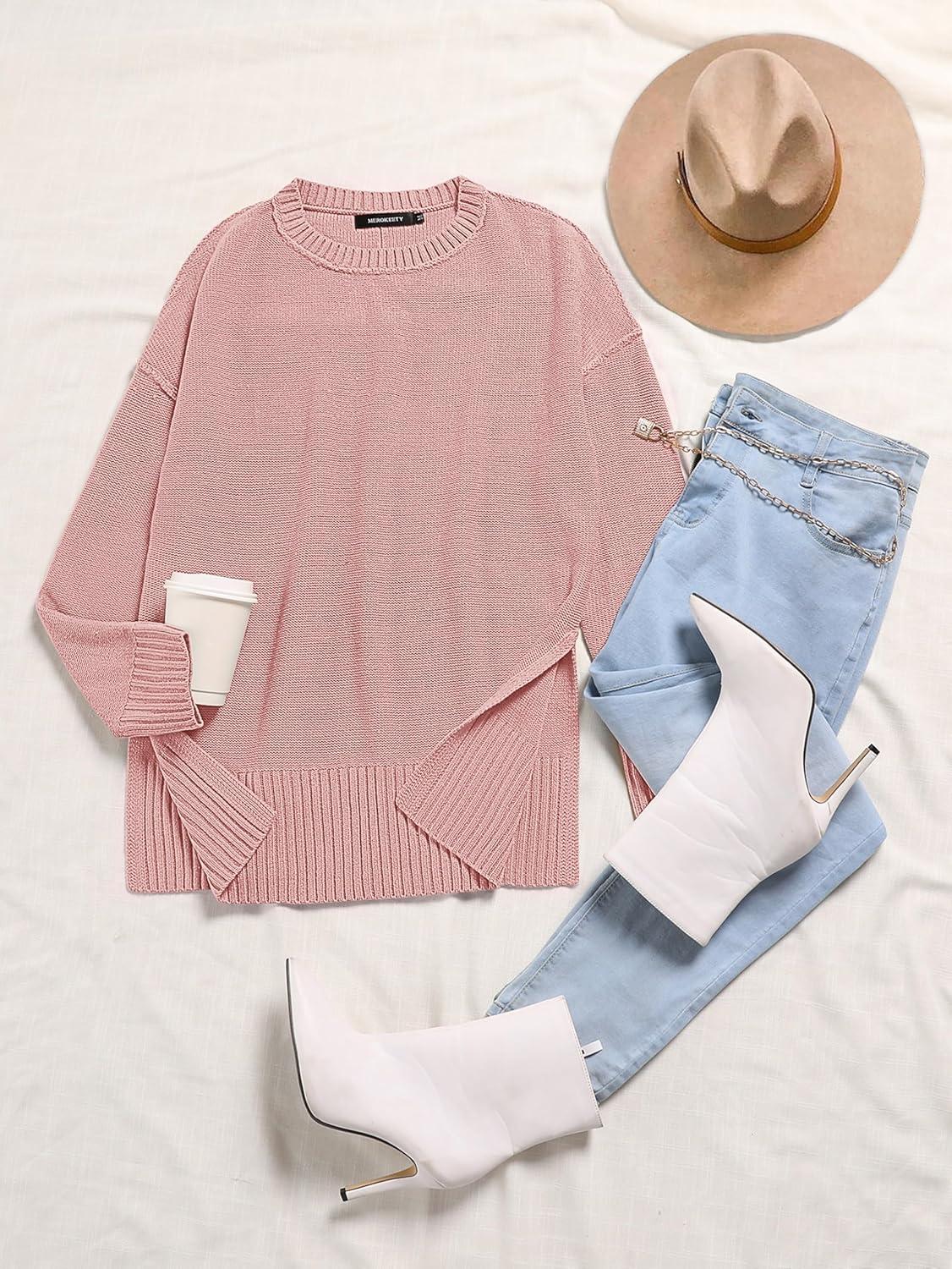 imageMEROKEETY Womens Fall Winter Oversized Pullover Sweater Spring Casual Loose Crew Neck Long Sleeve Side Split Jumper TopsPink