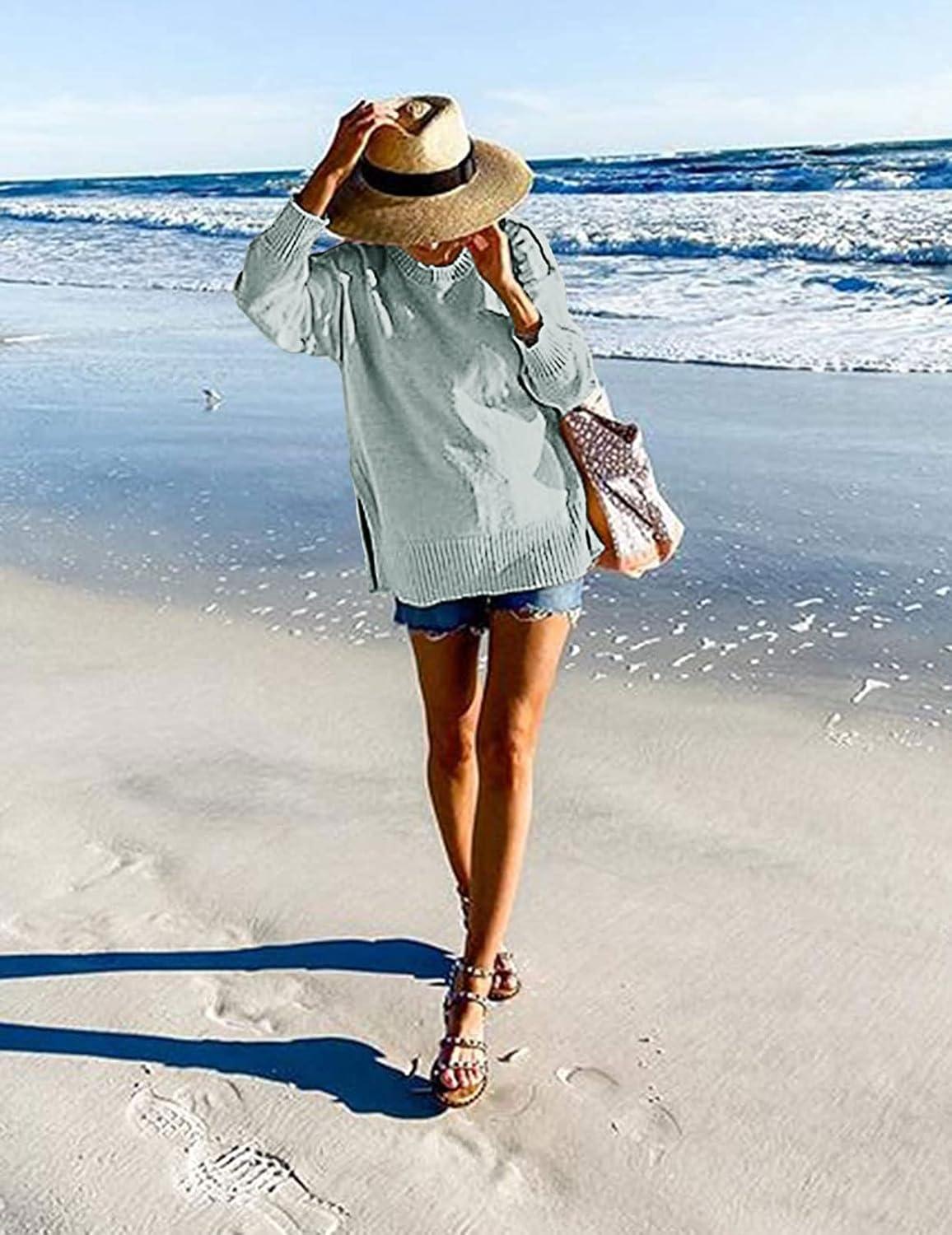 imageMEROKEETY Womens Fall Winter Oversized Pullover Sweater Spring Casual Loose Crew Neck Long Sleeve Side Split Jumper TopsSage
