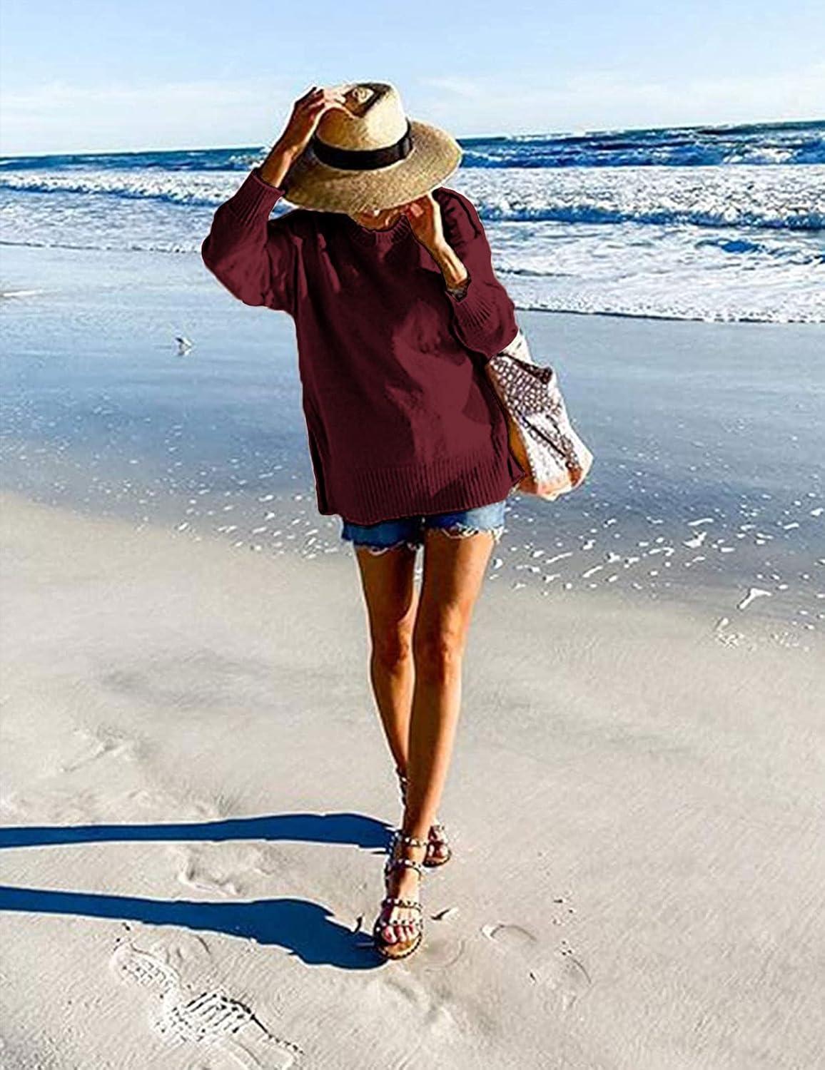 imageMEROKEETY Womens Fall Winter Oversized Pullover Sweater Spring Casual Loose Crew Neck Long Sleeve Side Split Jumper TopsWine