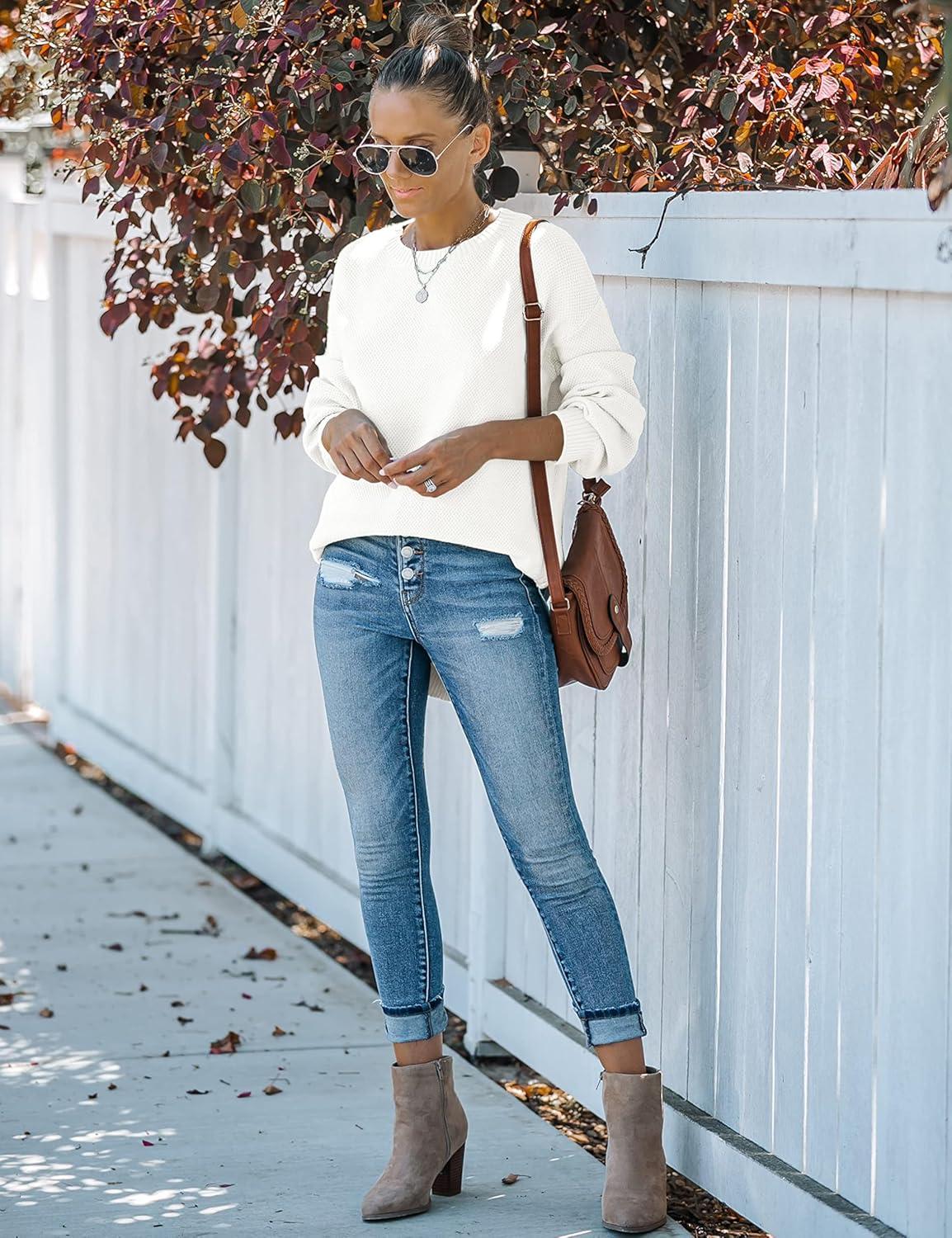 imageMEROKEETY Womens Fall Winter Sweaters Casual Loose Cozy Sweater Tops Pullover Jumper 2025 Fashion OutfitsWhite