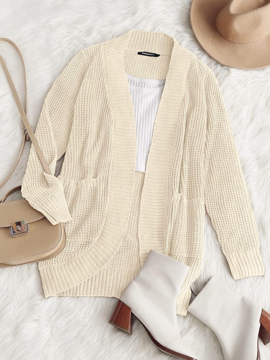 imageMEROKEETY Womens Long Sleeve Open Front Cardigans Chunky Knit Draped Sweaters OutwearApricot