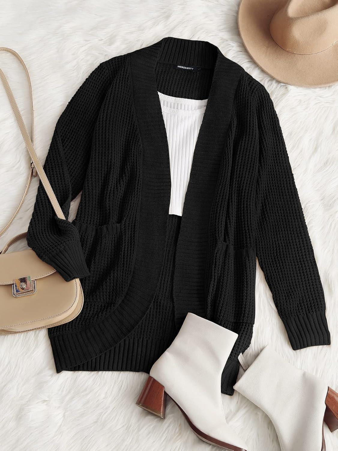 imageMEROKEETY Womens Long Sleeve Open Front Cardigans Chunky Knit Draped Sweaters OutwearBlack