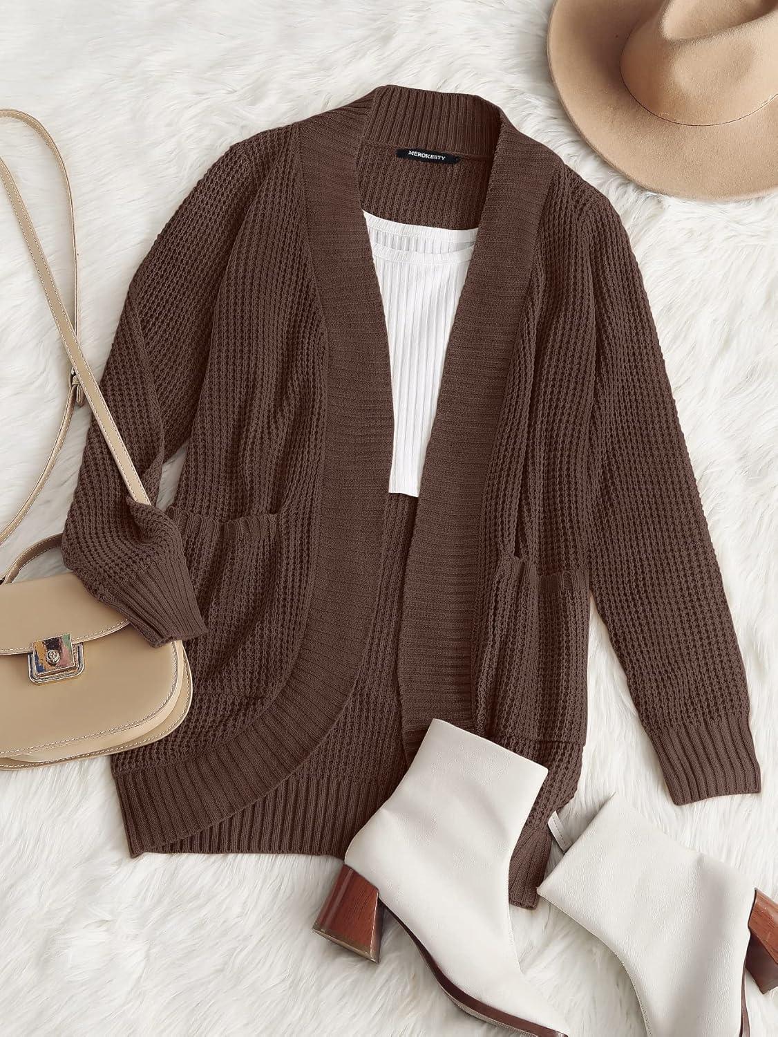 imageMEROKEETY Womens Long Sleeve Open Front Cardigans Chunky Knit Draped Sweaters OutwearCoffee