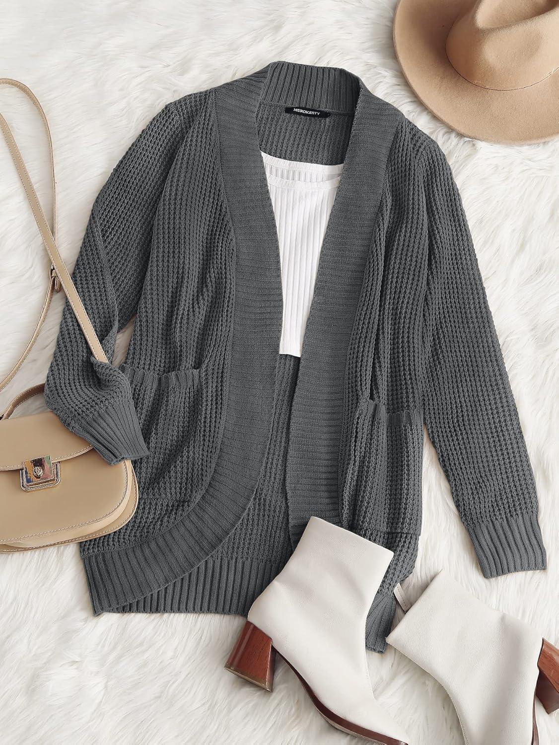 imageMEROKEETY Womens Long Sleeve Open Front Cardigans Chunky Knit Draped Sweaters OutwearDark Grey