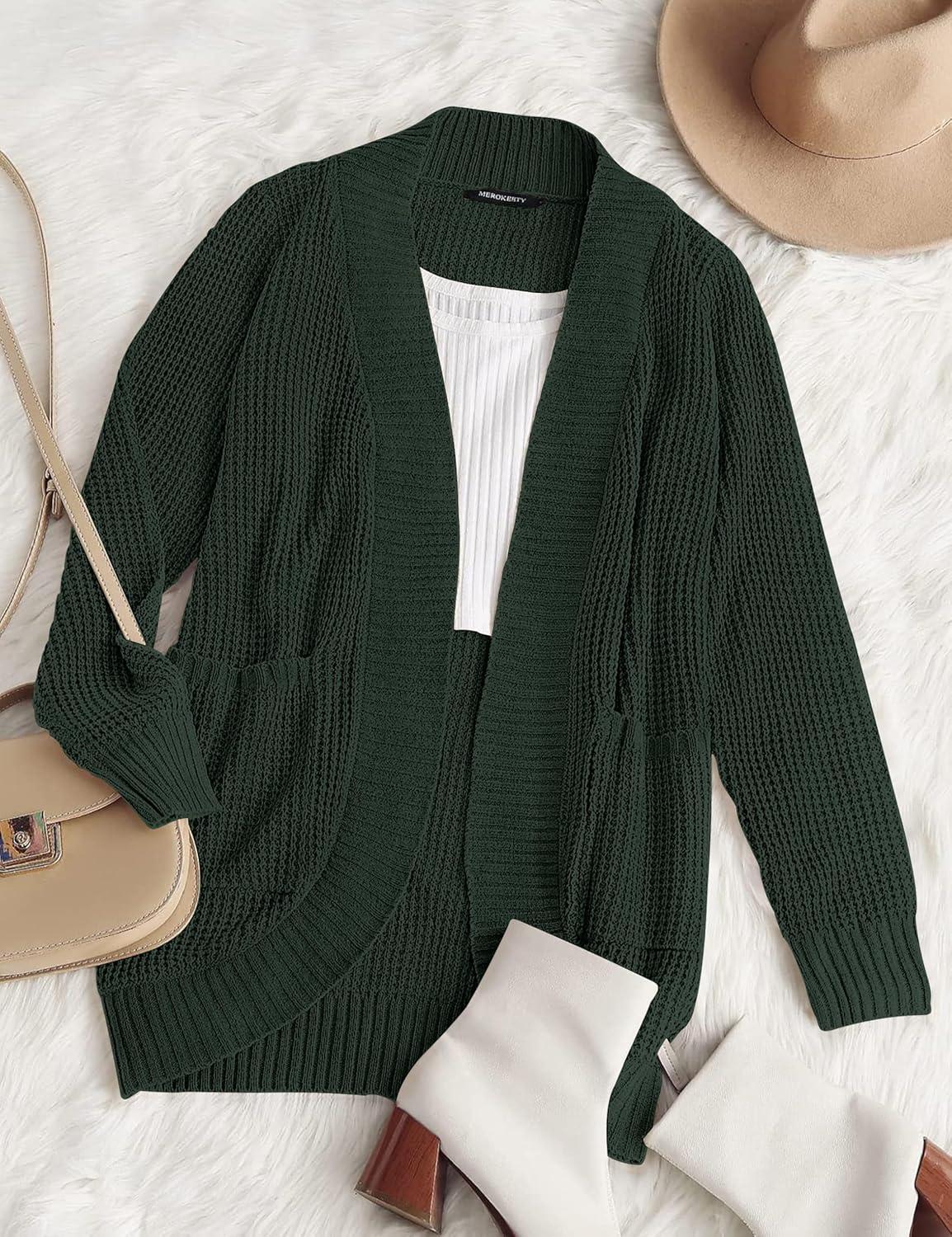 imageMEROKEETY Womens Long Sleeve Open Front Cardigans Chunky Knit Draped Sweaters OutwearDarkgreen
