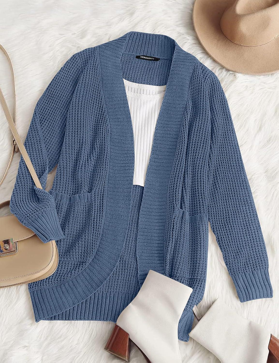 imageMEROKEETY Womens Long Sleeve Open Front Cardigans Chunky Knit Draped Sweaters OutwearDustyblue