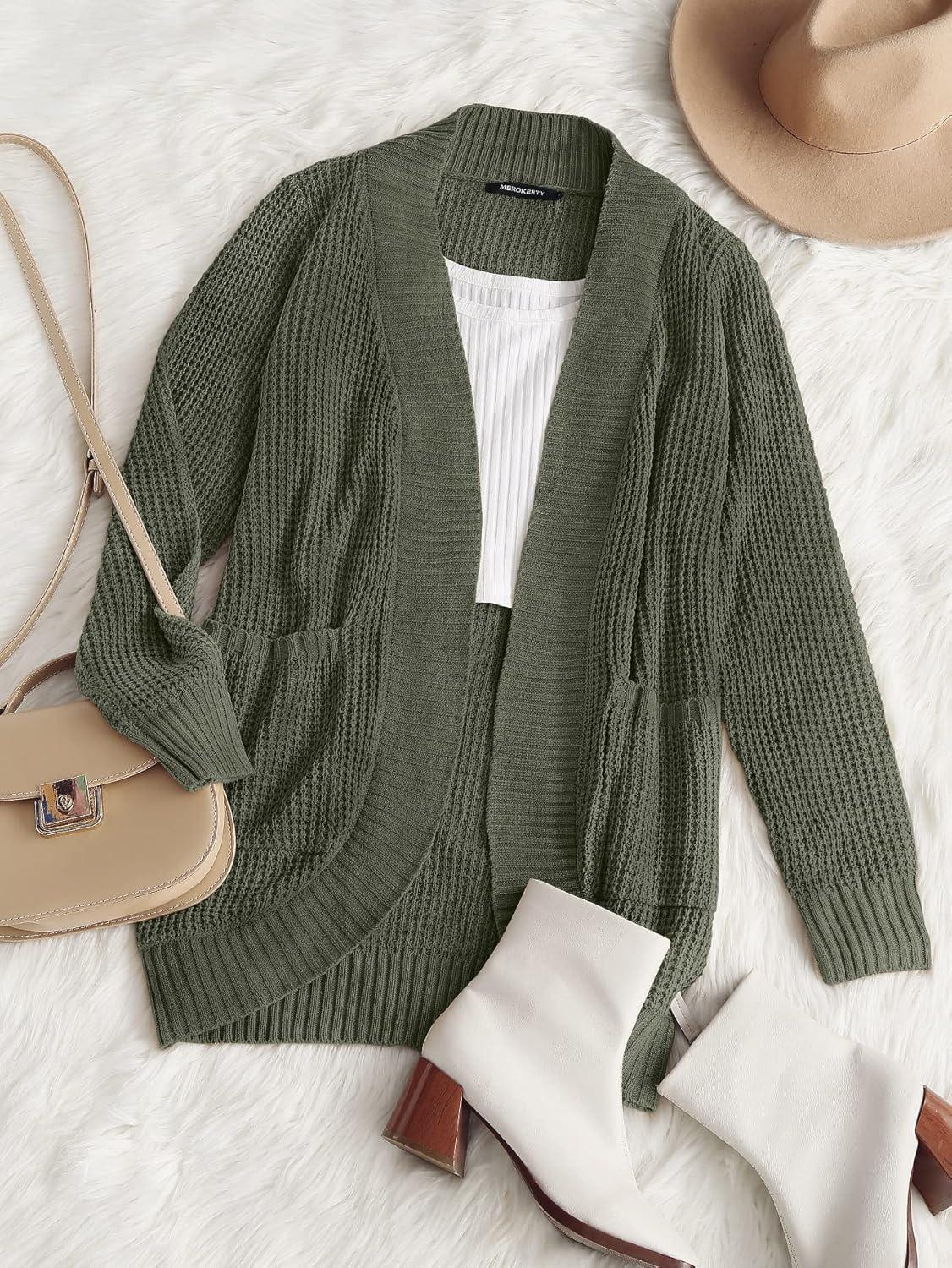 imageMEROKEETY Womens Long Sleeve Open Front Cardigans Chunky Knit Draped Sweaters OutwearGreen